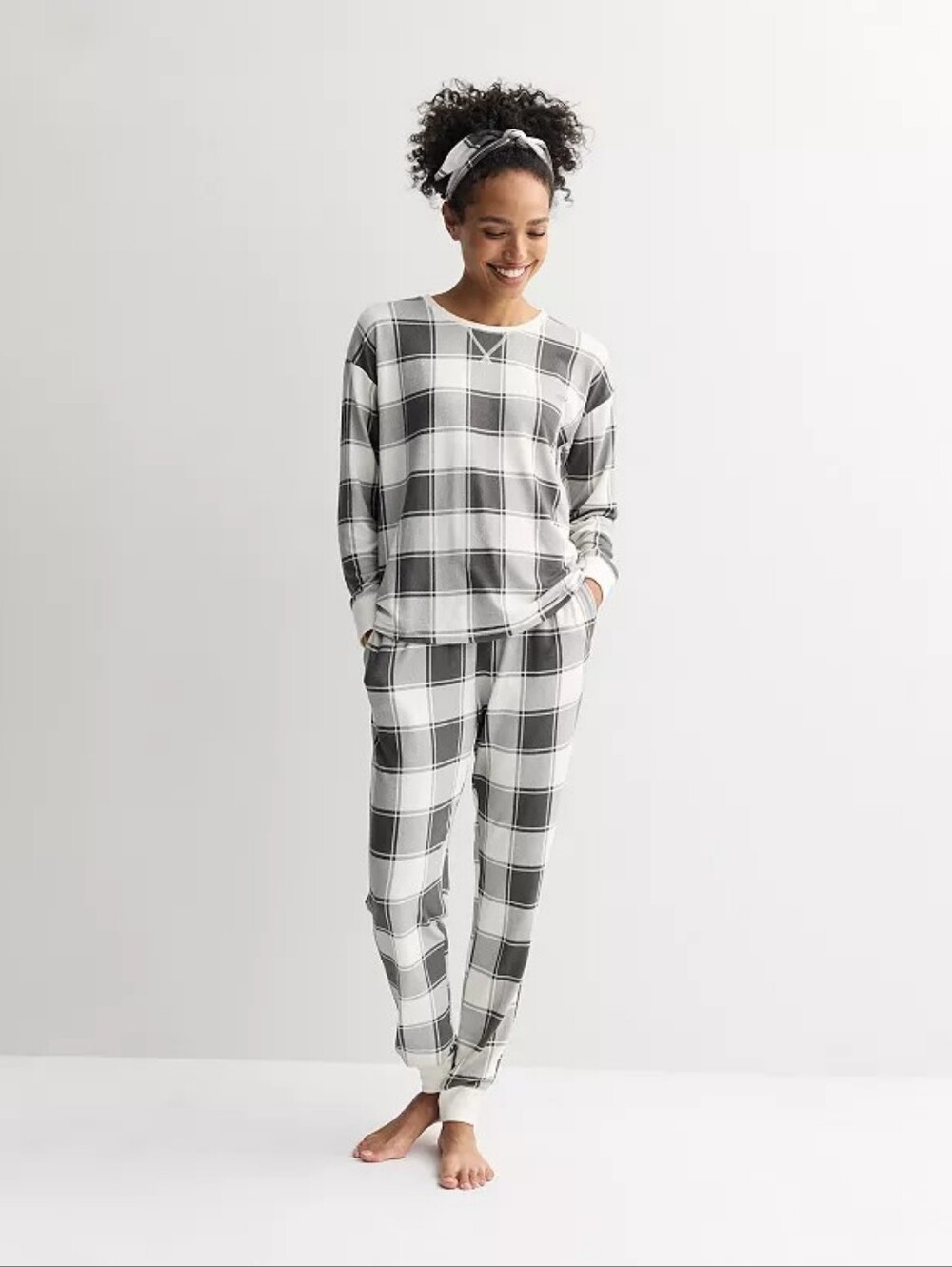 NWT Grey Plaid 3-pc. Pajama Set XXL -Top, Pants & Headband
